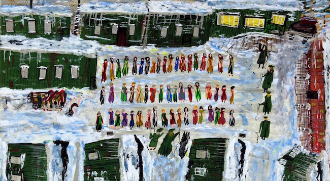 Ceija Stojka, Frauenlager Ravensbrück, 30 avril 1992, acrylique sur carton, 50 x 65 cm - Collection Marcus et Patricia Meier, Vienne